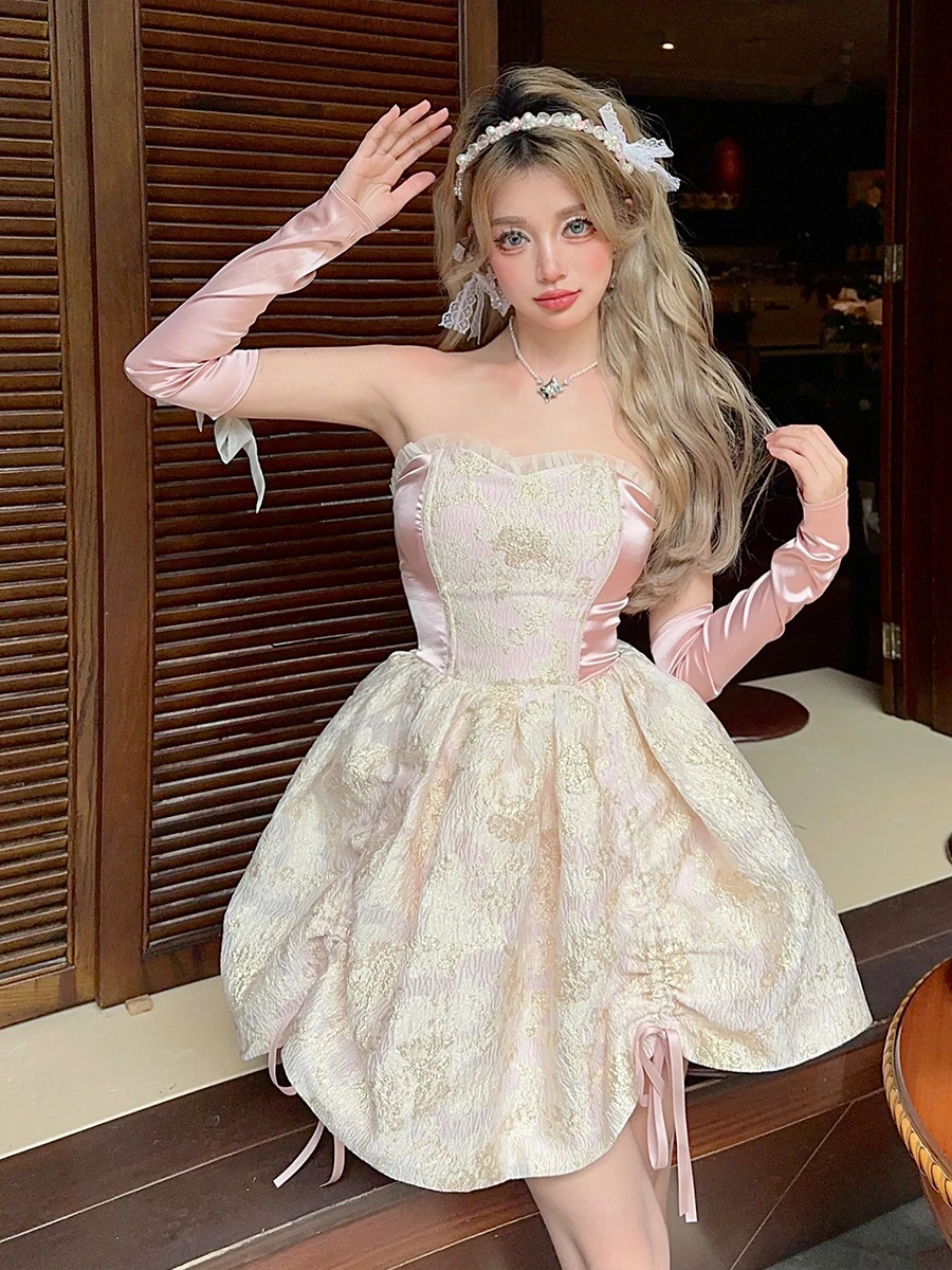 REDDACHiC Romantic Floral Jacquard Satin Mini Dress Women Medieval Retro Ribbon Arm Sleeves Lace Up Corset Princess Puffy Dress