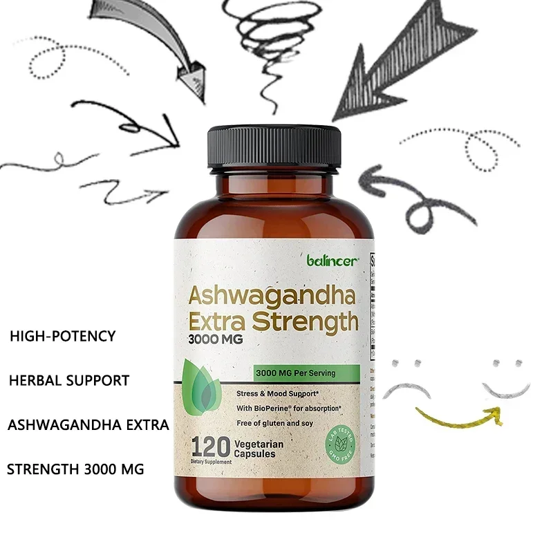 Ashwagandha Extra Strength Stress Relief & Mood Support with Black Pepper - Non-GMO Formula, 120 Vegetarian Capsules