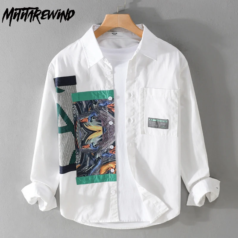 

Spring Autumn Full Sleeve White Shirt for Men Street Trend Casual Shirts Pocket Patchwork Print Shirt Versatile Loose Top Youth