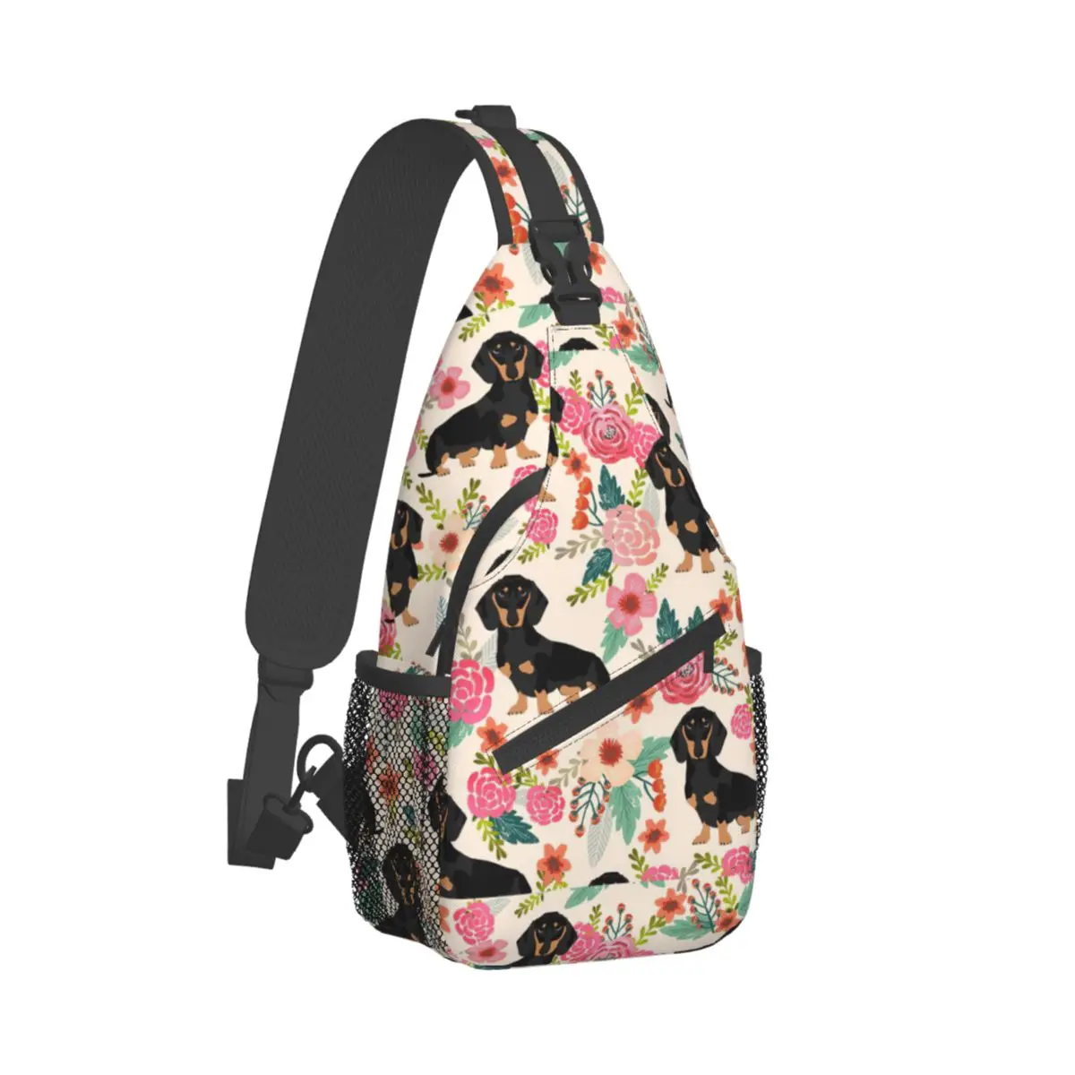 Floral Dachshund Dog Sling Bag, Mochila de ombro crossbody peito, Mochilas esportivas ao ar livre, Animal Cartoon Satchel Fashion