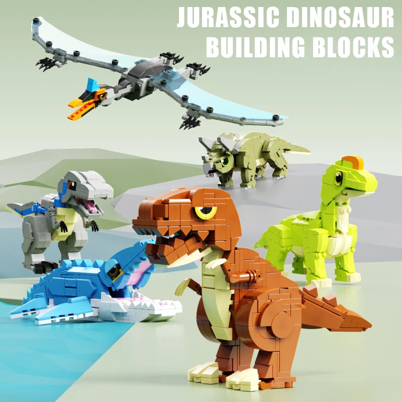 MOC Dinosaur World T-Rex Velociraptor Model Building Blocks Mesozoic Jurassic Pterosaur Triceratops Bricks Toys Gifts for Kids