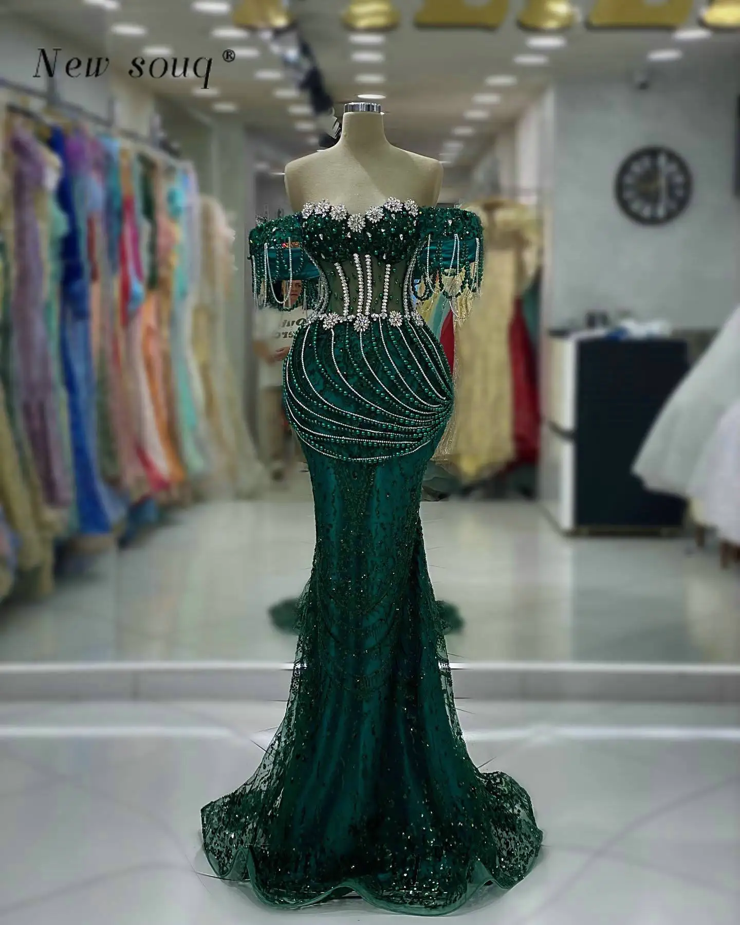 Formal Green Crystals Off the Shoulder Evening Dresses for Women Wedding Party Pearls Long Corset Sequined Night Party Gowns