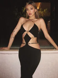 Mozision Strapless Metal Ring Cut Out Maxi Dress Women Black Halter Low Cut Backless Hollow Out Bodycon Sexy Party Long Dress