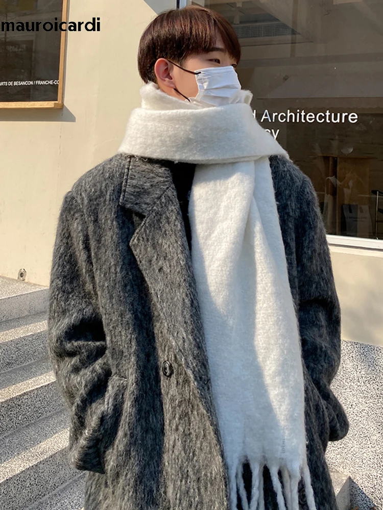 Mauroicardi Autumn Winter Long Gray Oversized Thickened Warm Soft Wool & Blends Coat Men Double Breasted Korean Fashion 2023