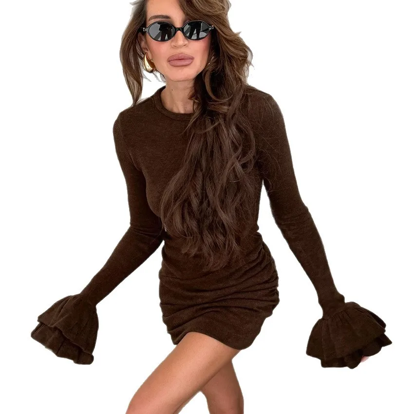 

2026 Spring Autumn Women's Flare Sleeve Crew Neck Bodycon Dress Knitted Brushed Warm Fashion Dress