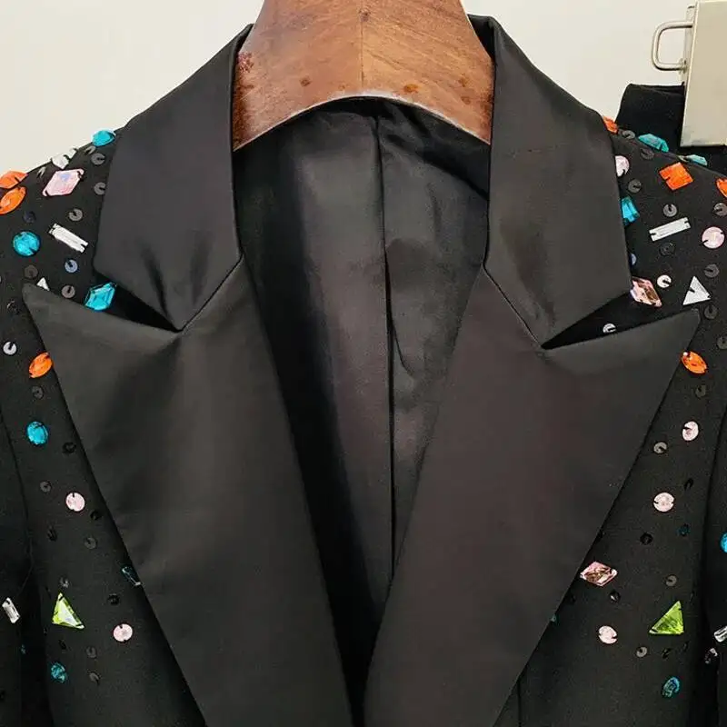 HKSH ฤดูร้อนใหม่ผู้หญิง INS Elegant ปัก Flares เพชรปุ่ม Blazer ยาวกางเกงสบายๆ 2 ชิ้นชุด HK5997