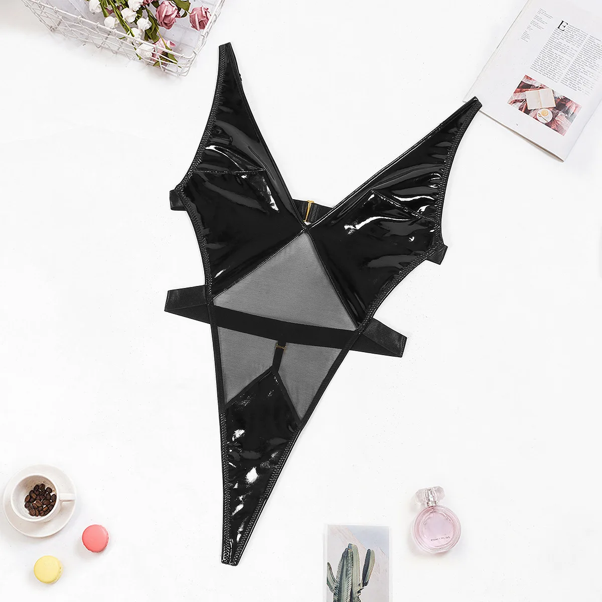 Latex Leather Lingerie Set Black Pu Leather Underwear Set Women Sexy Hollow Out 3 Piece Set Bra And Panty Garter Erotic Costumes