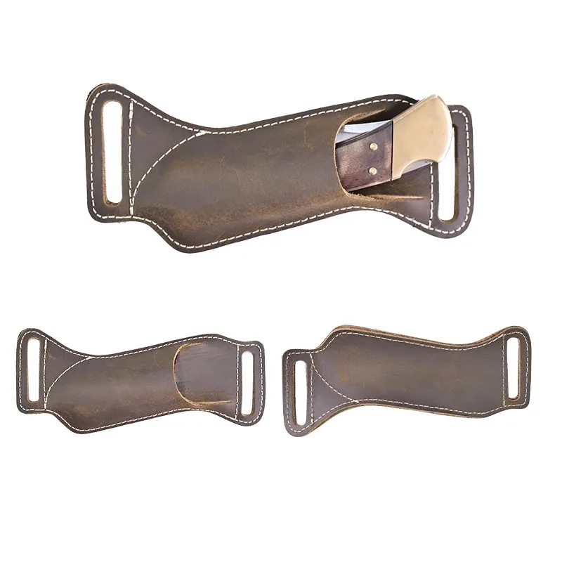 RIYAO Vintage Genuine Leather Folding Knife Waist Belt Case Sheath Outdoor Tools Mini Pocket Knife Cowhide Protect Cover Holder