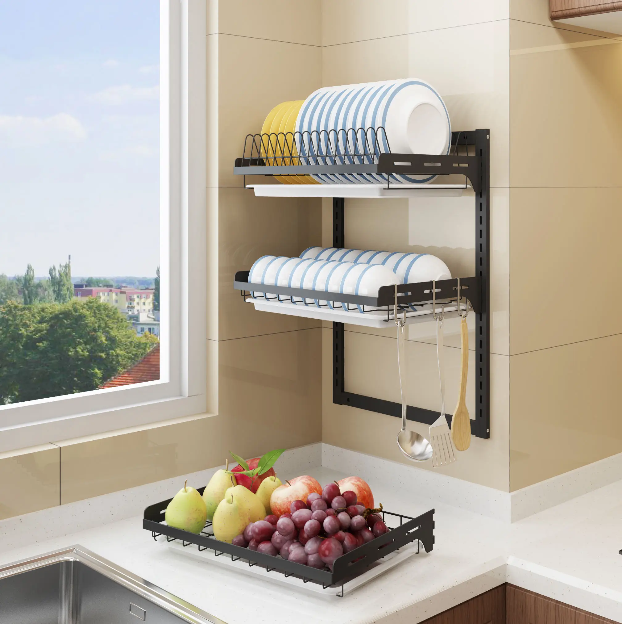 

2-3-story L-shaped 201 stainless steel kitchen wall-mounted dish rack with removable drain tray