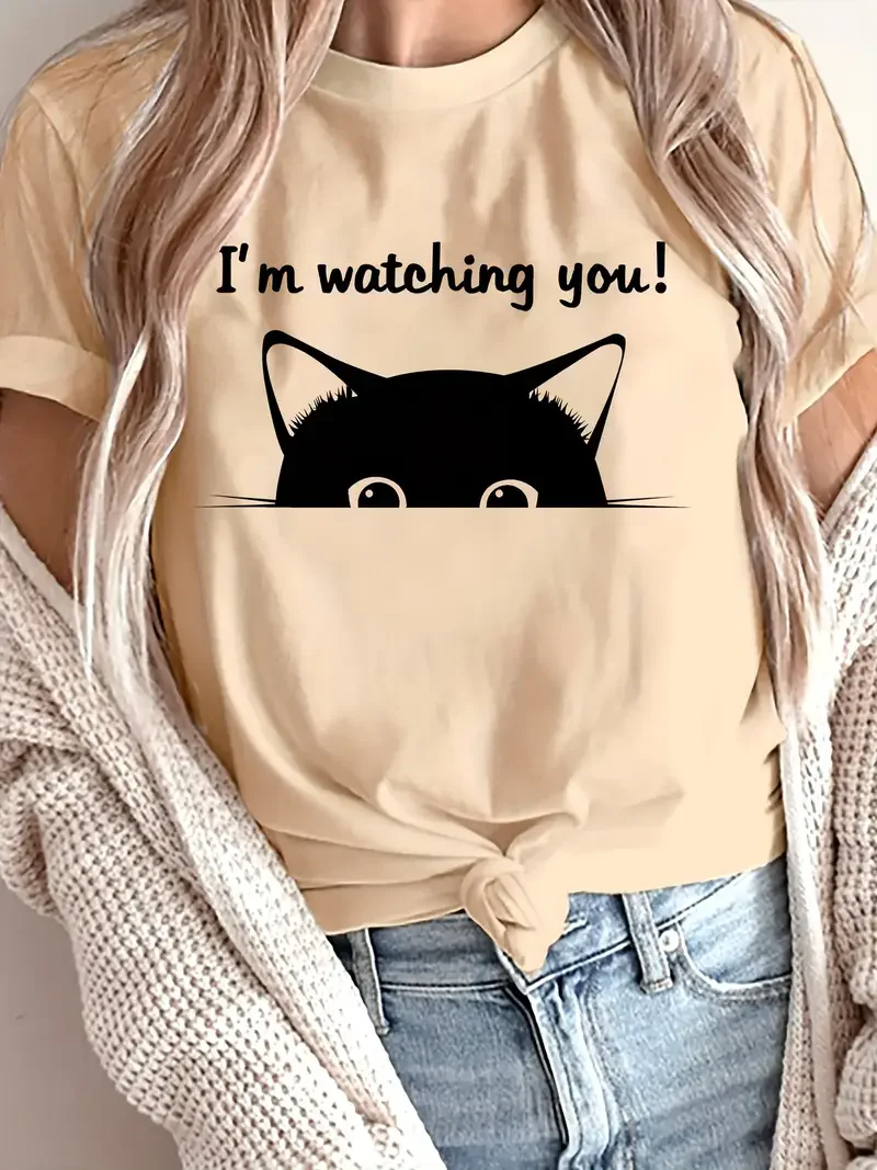 

T-shirt Cat Women's Casual Short Sleeve T-Shirt Cute Cartoon Cat "I'm Watching You!" Graphic Print Top Tee