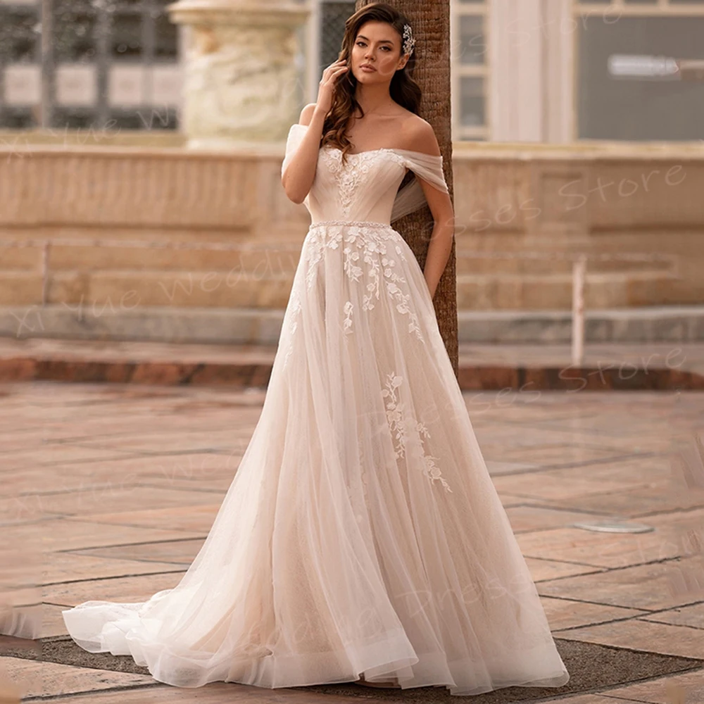 Affascinante grazioso una linea abiti da sposa da donna Vintage nuovo con spalle scoperte Appliques di pizzo abiti da sposa Tulle Vestido De Noivas