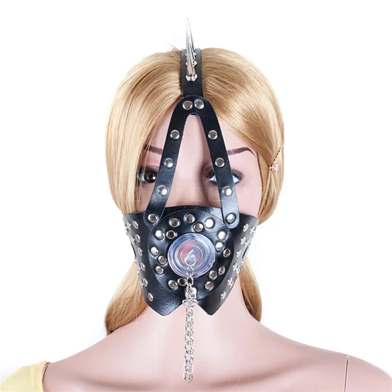 Slave Head Harness Leather Studs Open Gag Mouth Stuffed Plug with Cover Restraint Couple Game Sex Products for Couples SM Tool