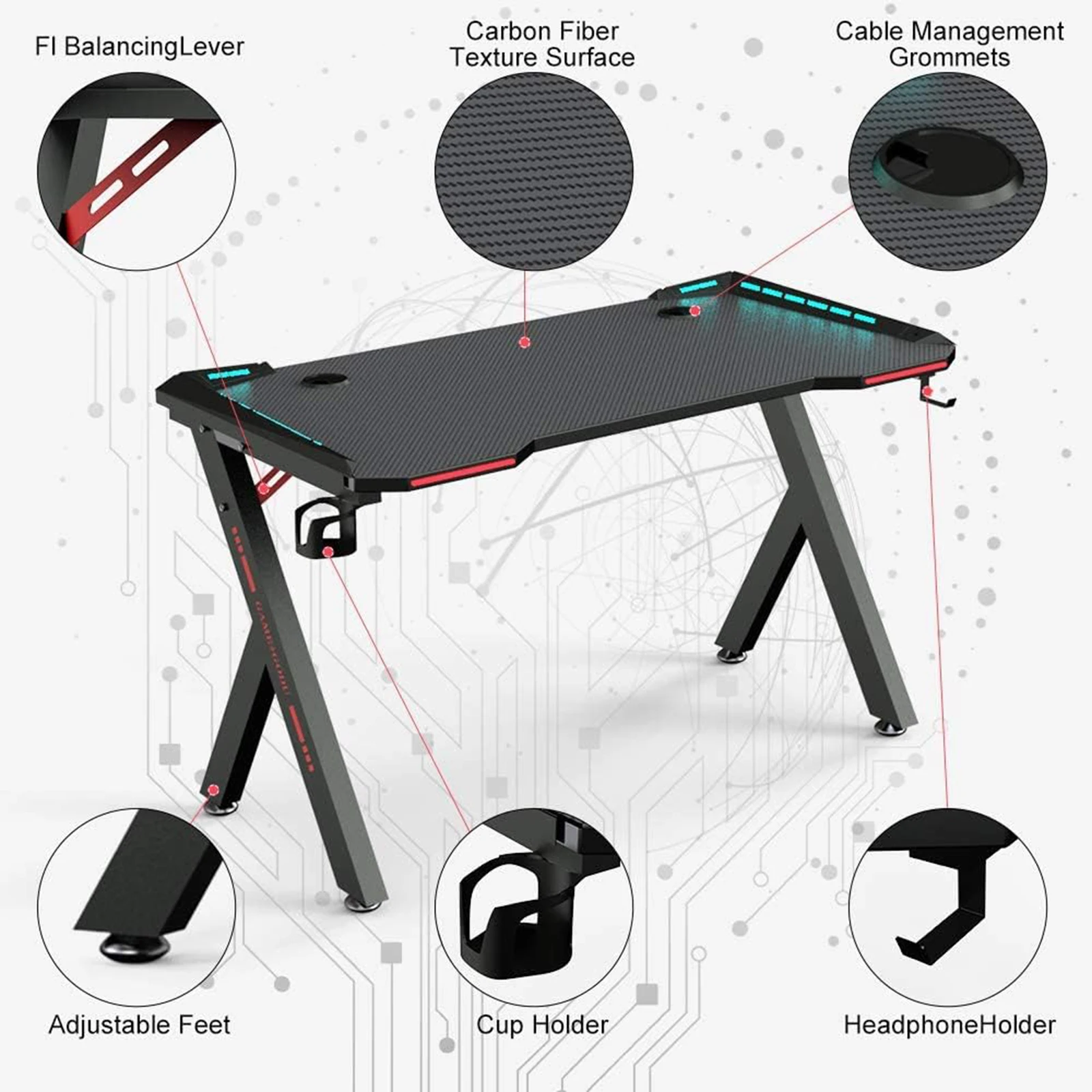 Gaming Desk RGB Lighting Home Office Desk Ergonomic Gamer Workstation, Carbon Fibre Surface, Cup Holder and Headphone Hook