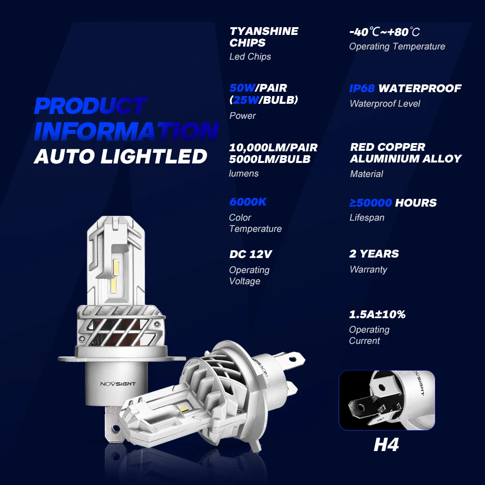 NOVSIGHT Motorcycle Headlight Bulbs 1:1 Mini H4 LED 50W 12V 10000LM 6000K White Auto Accessories LED Lamps