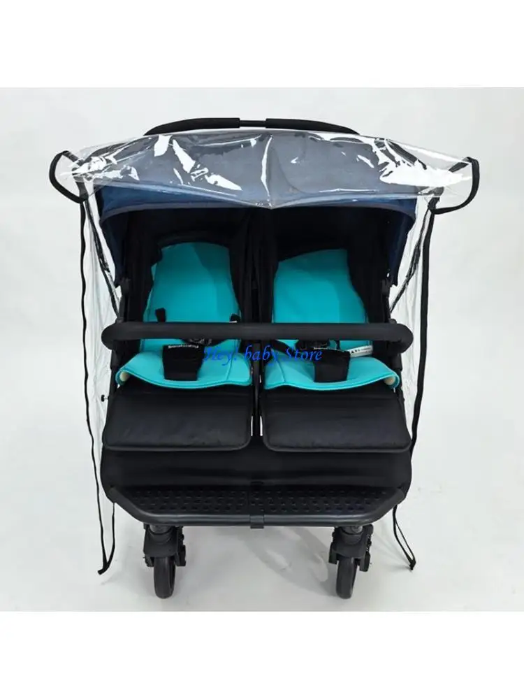 Q1FE Twin Baby Pram Rain Guard Water Resistant Fabric with Phone Storage Pocket Compact Foldable Design for Parents