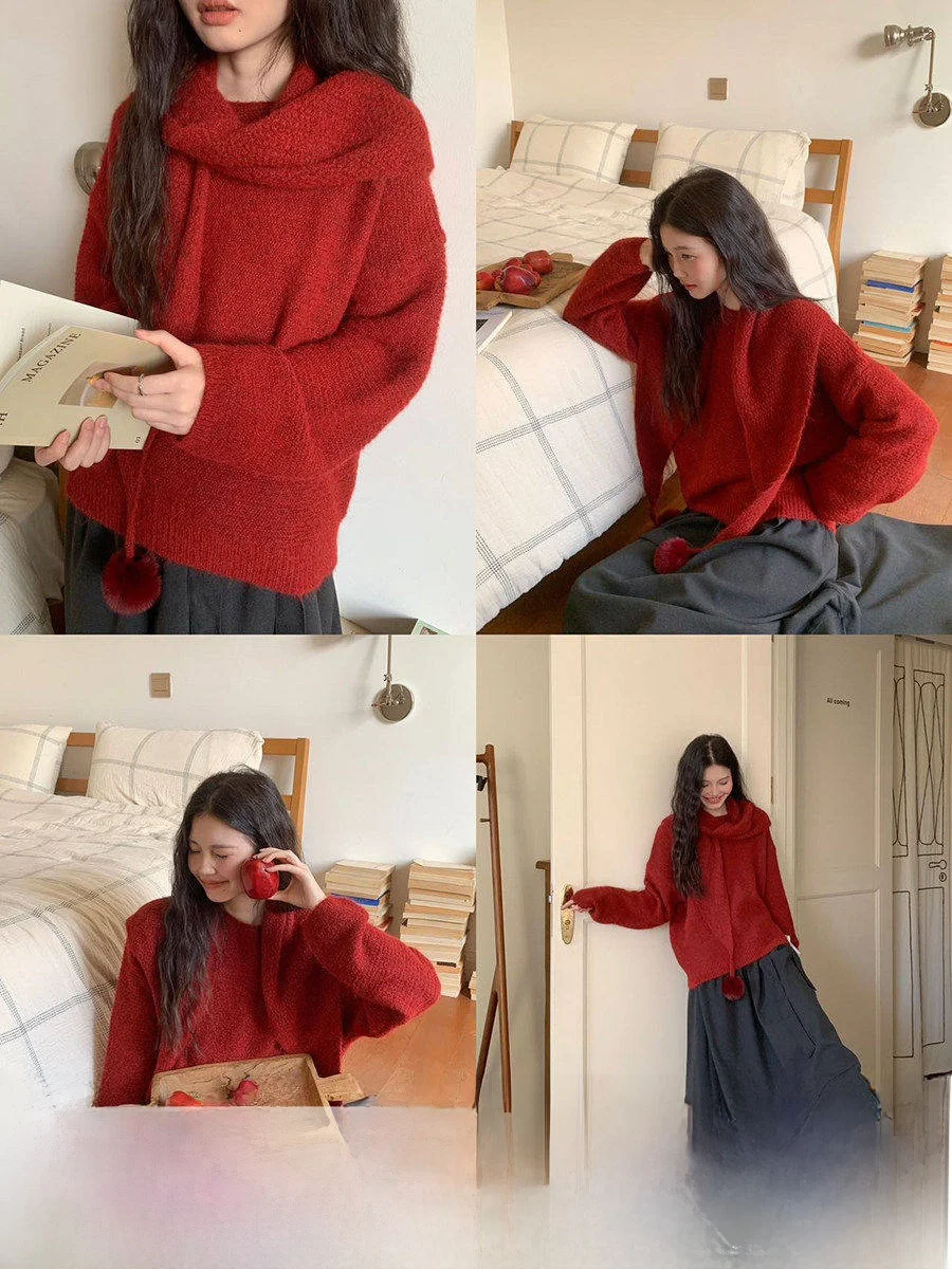 

Комплект из двух предметов: красный утепленный вязаный свитер и шарф для женщин, мягкий, повседневный, с длинными рукавами, высоким воротником, теплый