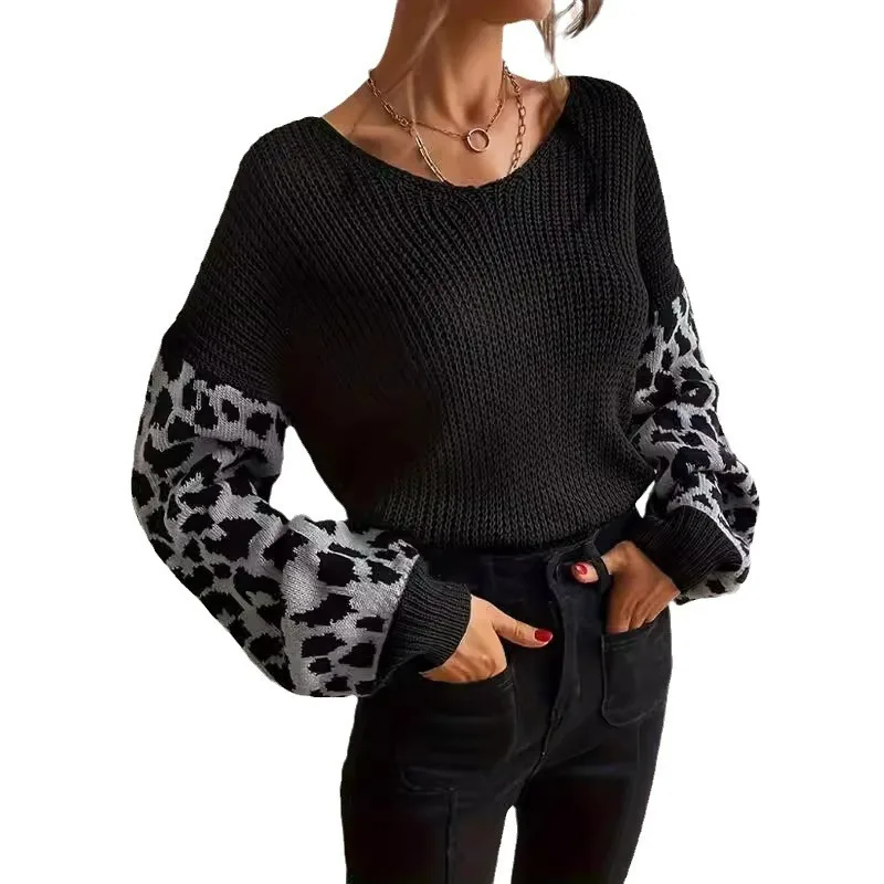 

Work to Weekend V-Neck Sweater 2025 New Women's Leopard Sleeve Detail Relaxed Fit Mid Fall Knit Basic Top Casual Office Chic