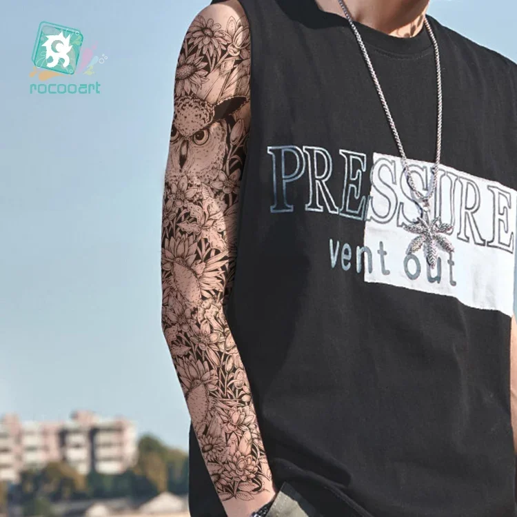 Tatuaje de manga de brazo grande para hombres, pegatina de tatuaje temporal impermeable, búho, dragón, Dios, tótem de calavera completa, tatuaje falso