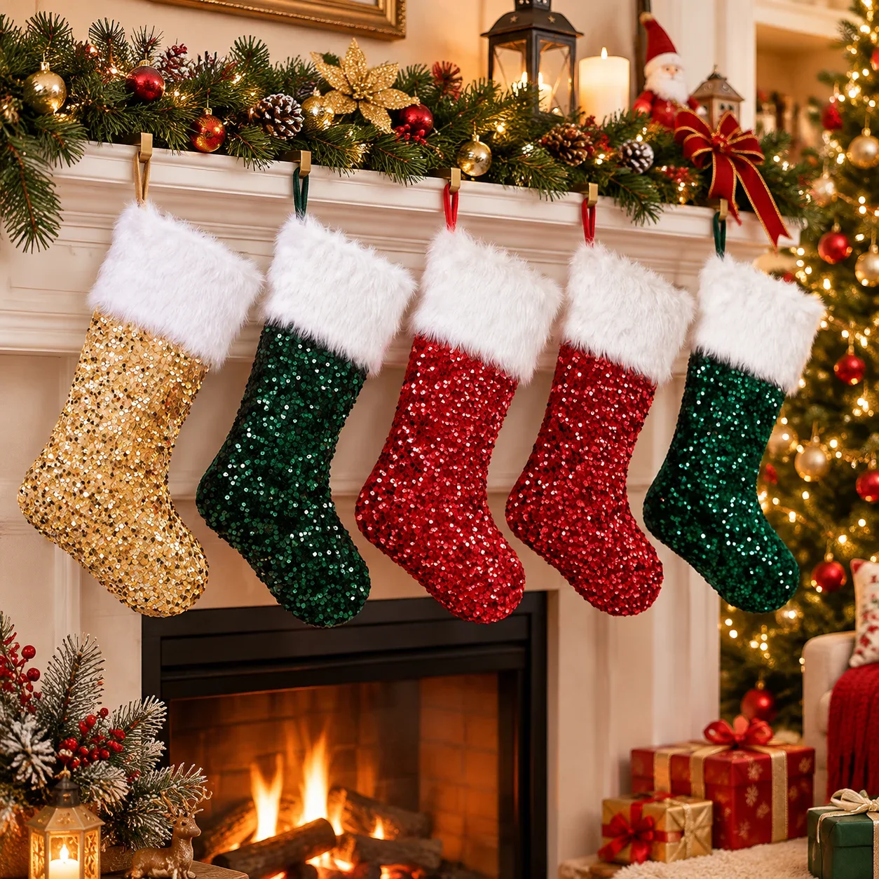 Christmas Sequin Stocking Large Capacity Plush Cuff Xmas Gift Bag Fireplace Hanging Sock Holiday Home Party Decor Ornament