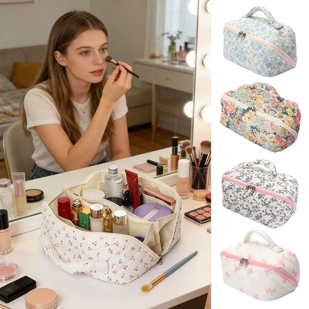 

Fashion Quilted Makeup Bag Floral Print Large Capacity Travel Toiletry Bag Wide Open Zipper Handbag for Women