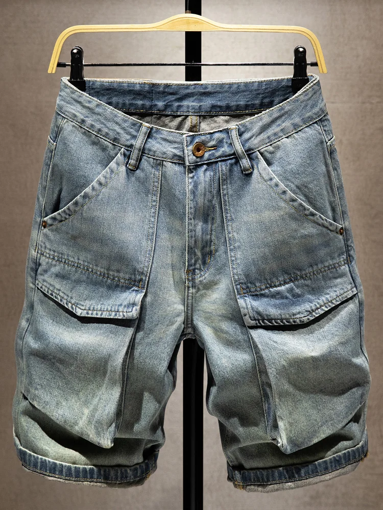 

High-End Men's Denim orts Summer Thin Waed Vintage Mid-Waist Loose Five-ket Straight Leg Breathable Youthful Sle