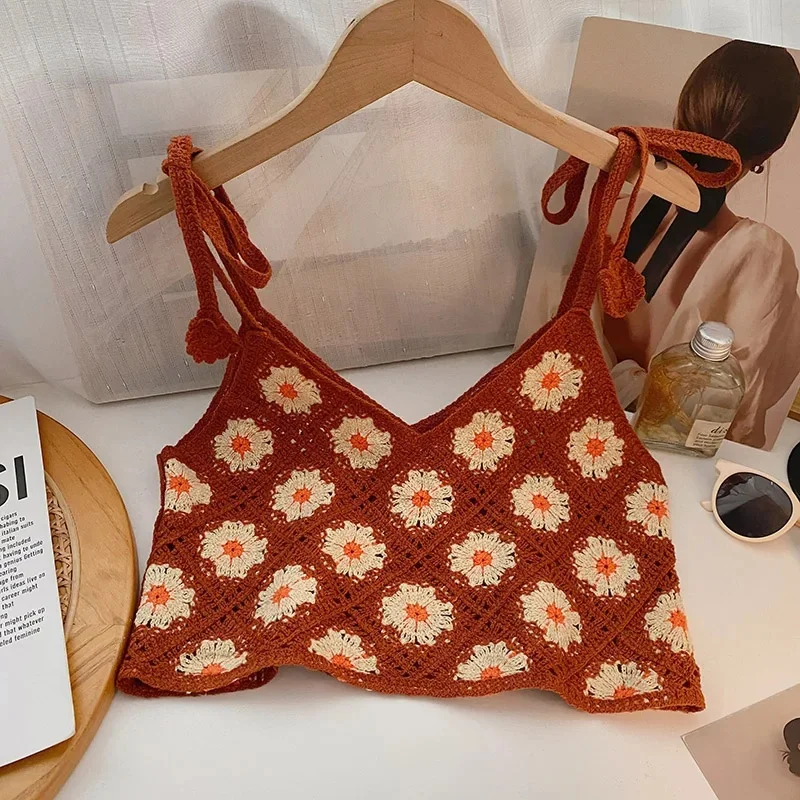 Floral Crochet Top with Tie Shoulder Strap Open-knit Cami Tank Women Teengirl Boho Crop Top Summer Vacation Bohemian Clothes
