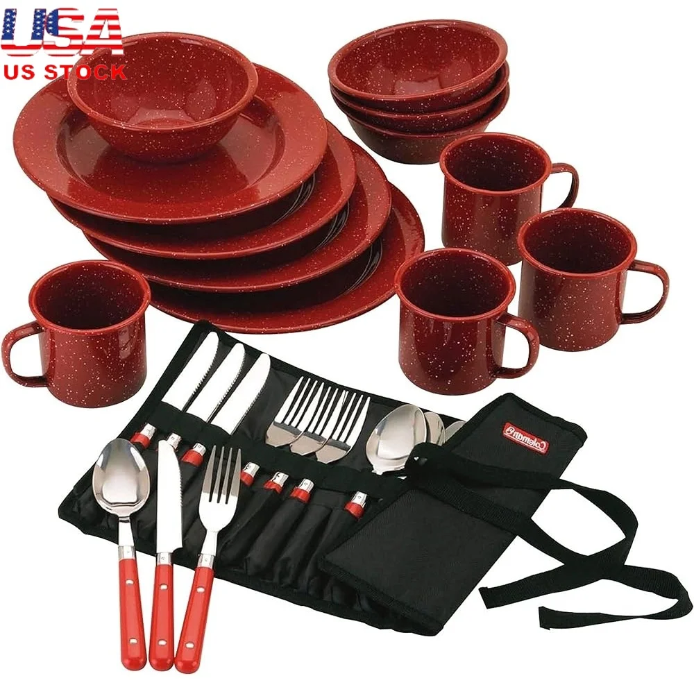 

24-Piece Camping Dinnerware Set Enamel Tableware Portable Outdoor Dining Set with Silverware and Dishware Ideal Picnics