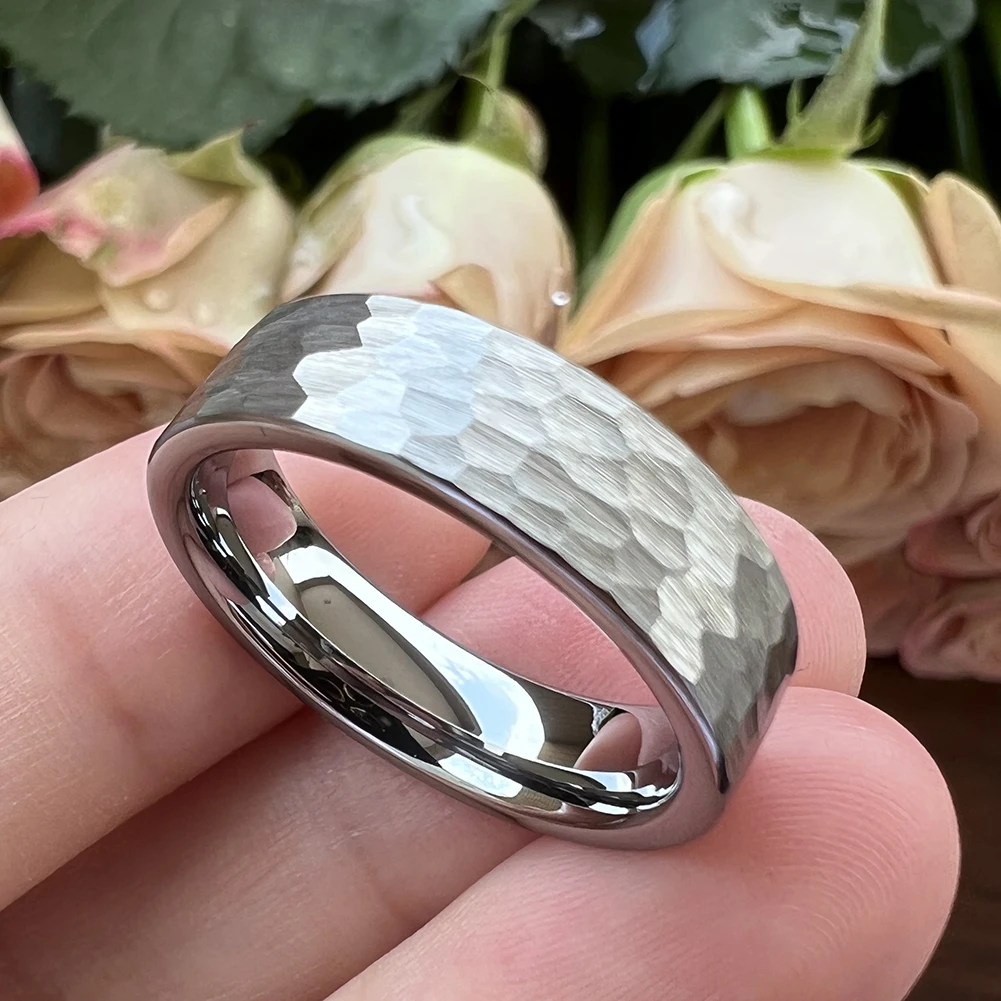 6mm Tungsten Carbide Ring Multifaceted Hammered for Men Women Engagement Wedding Band Brushed Finished Comfort Fit