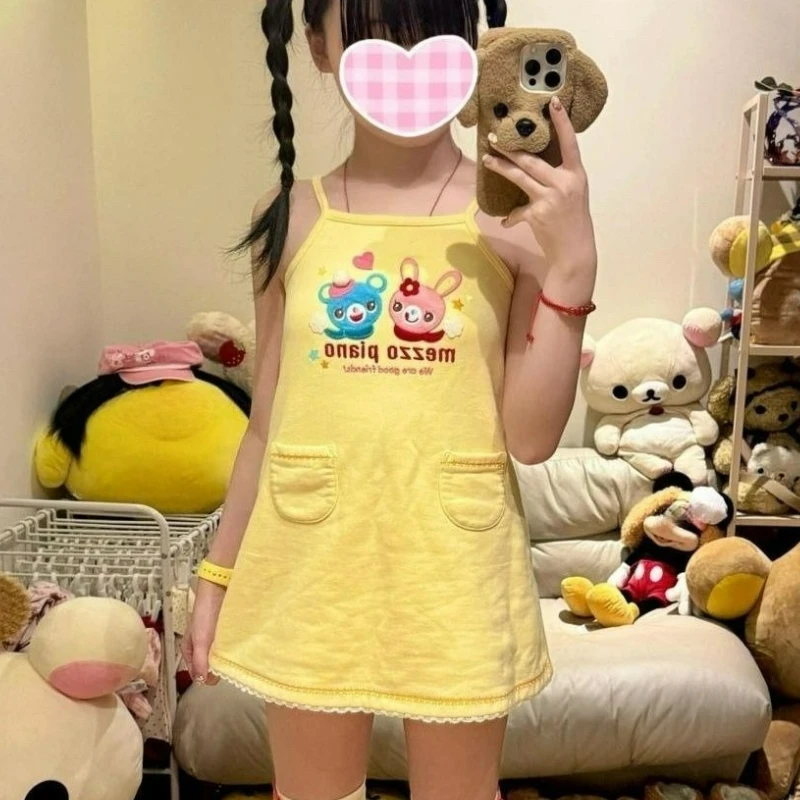 

Japanese Sweet Cartoon Print Lolita Style Dress Women 2025 Summer Sleeveless Pocket Princess Mini Dresses Cute Party Camis Dress