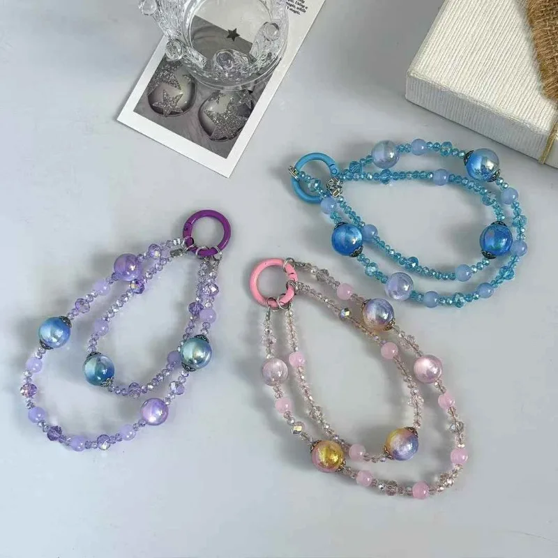 Креативная новая двойная цепочка с кристаллами и бисером, кулон на запястье, подвеска для мобильного телефона, сумка, брелок, подвеска, аксессуары