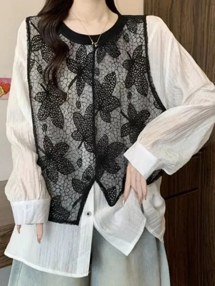 

Lemongor Women's Contrast Color Lace Round-Neck Blouses Long Sleeves Loose Buttoned Spring Summer Fashion Tops Shirts