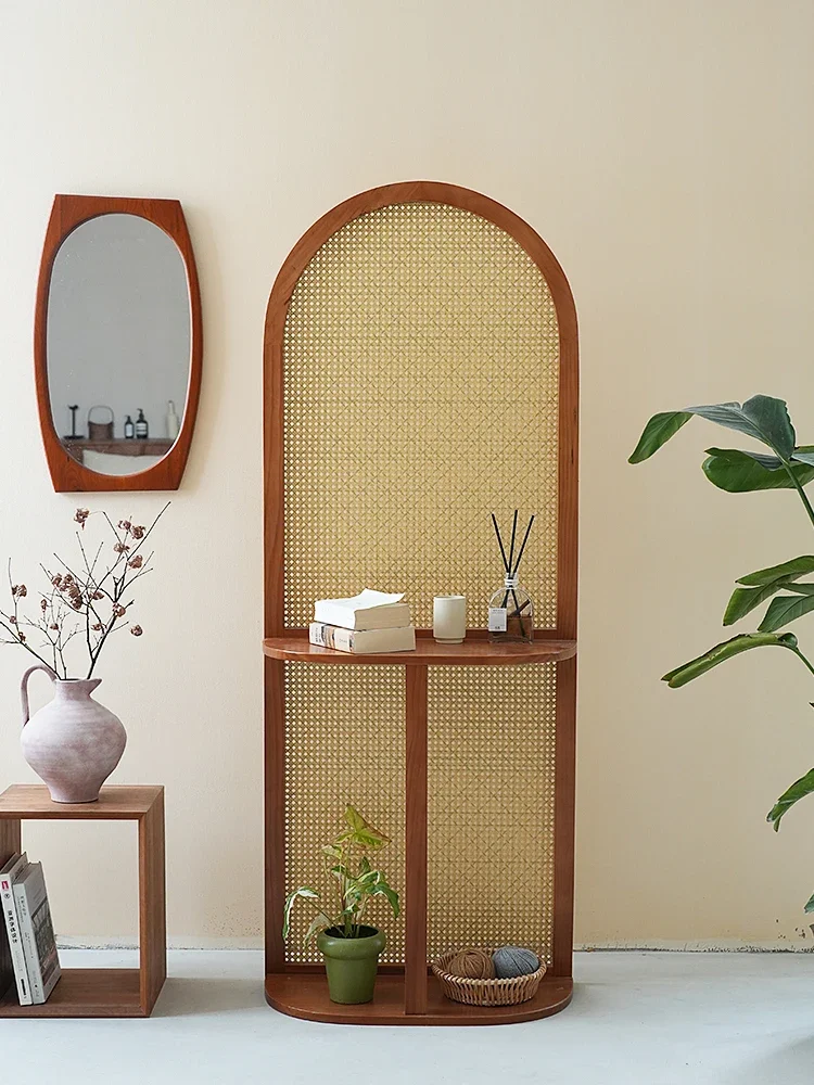 Medium and retro rattan weaving screen partition entrance cabinet French removable storage