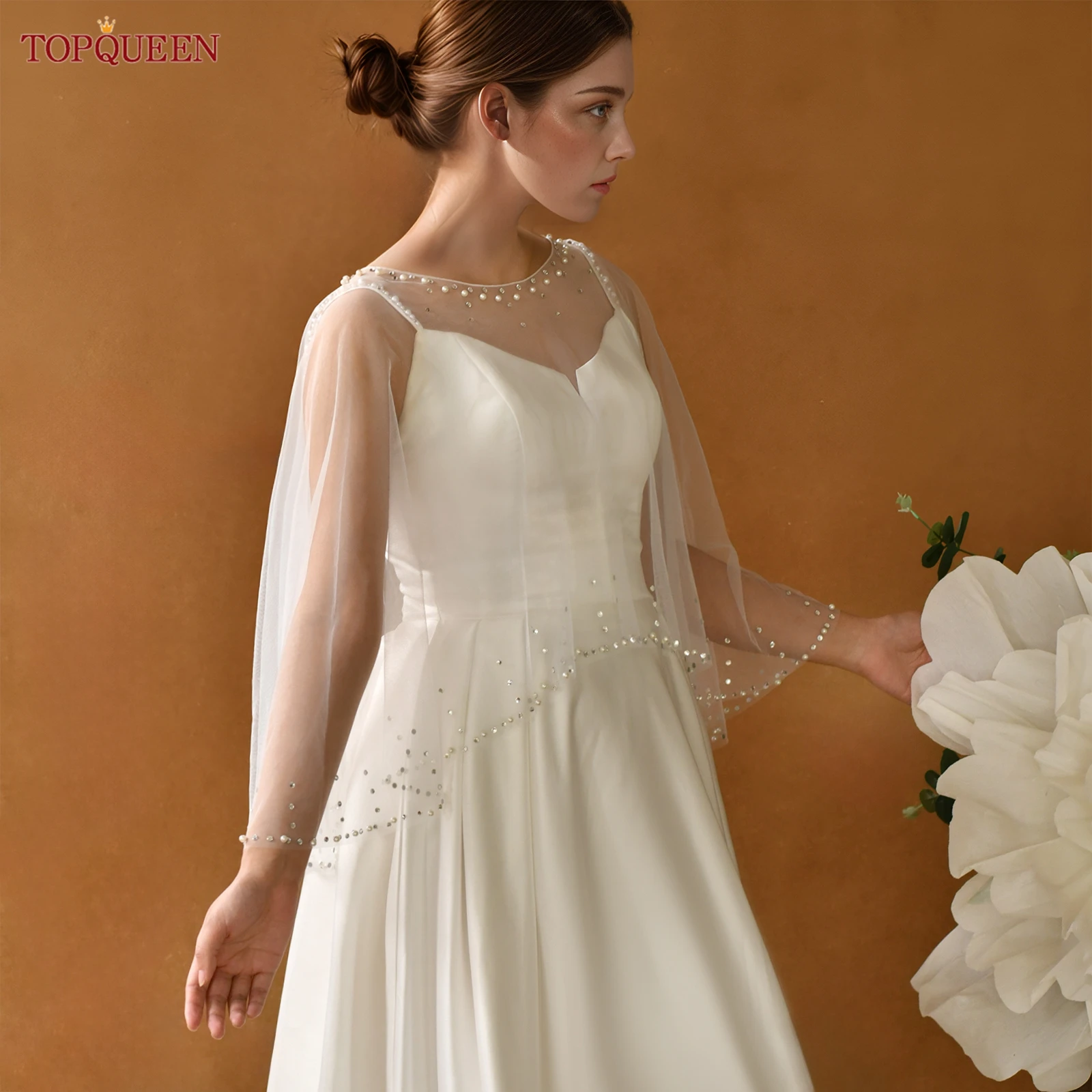 

TOPQUEEN MG31 свадебная шаль с жемчугом и стразами, женское праздничное платье, болеро, тюлевой плащ, свадебный аксессуар на плечо, сделай сам, настраиваемый