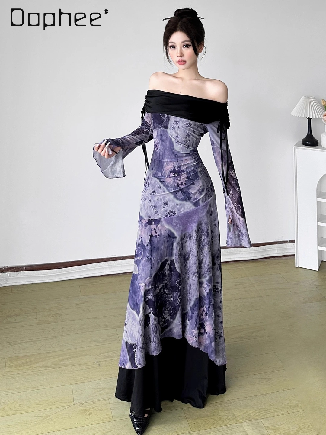 

Vintage Print Patchwork Off-Shoulder Long Sleeve Dress Women Elegant Socialite Evening Dresses High-End Slim Mid-Length Dress