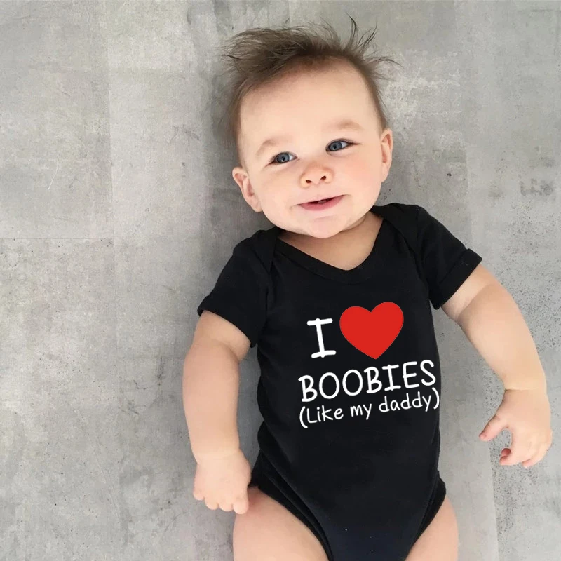 Funny I Love Boobies Like My Daddy Baby Bodysuit Red Heart Print Short Sleeve Cotton Infant Romper Baby Shower Gift