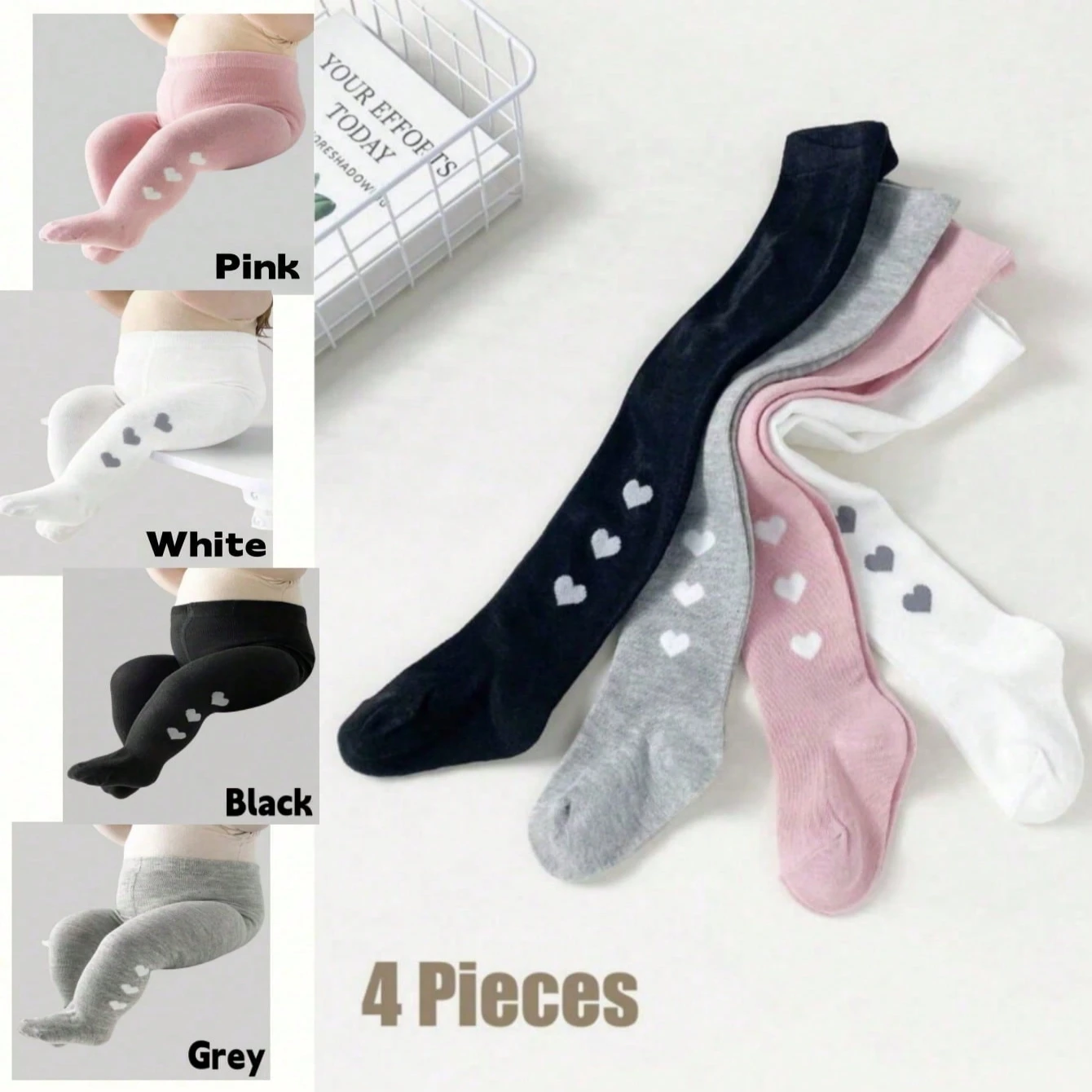 4 Pieces Children's Baby Girl's Toddler Solid Tights - Perfect For School, Dancing & Play
