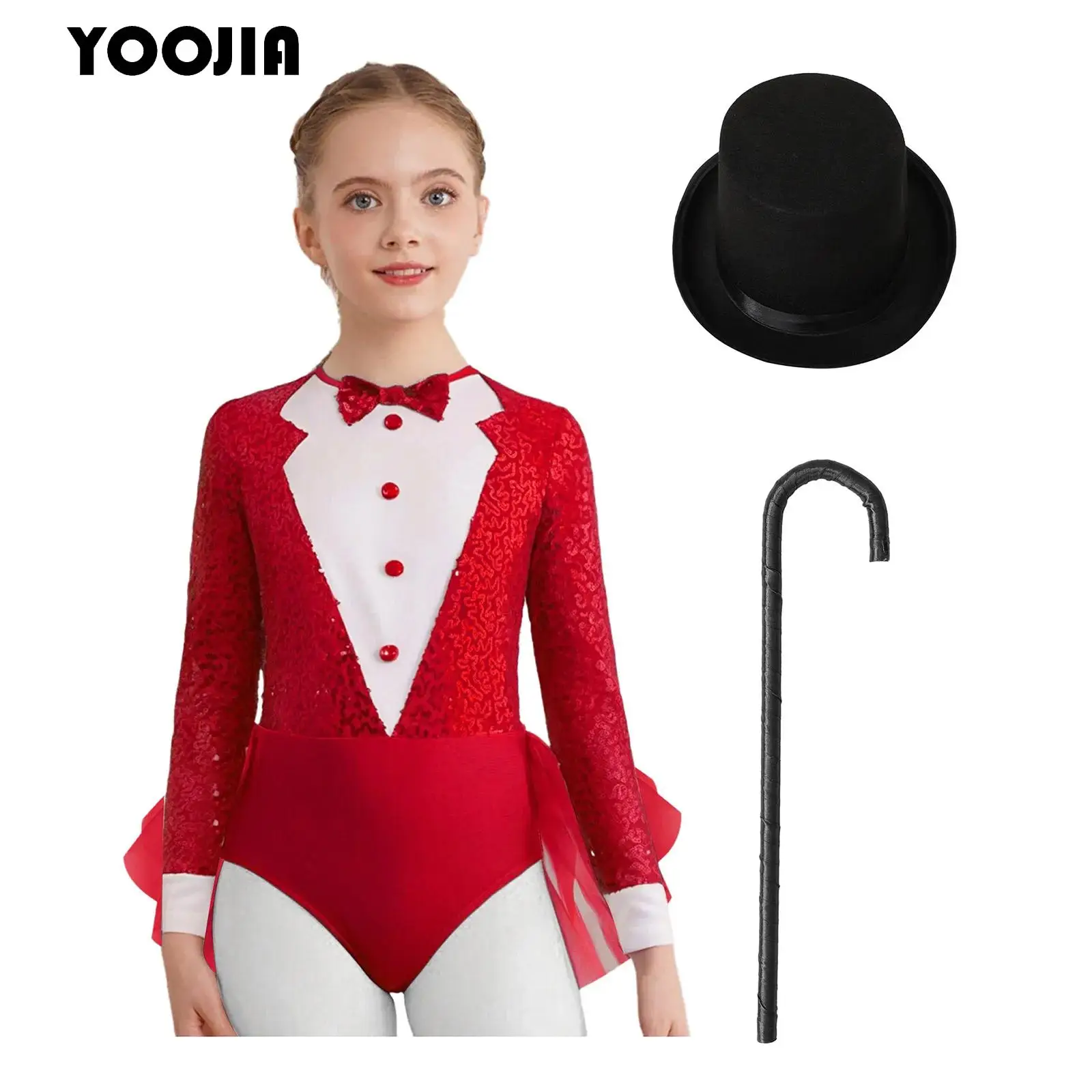 

Kids Girls Ballet Jazz Dance Costume Circus Ringmaster Magician Outfit Sparkly Sequin Bodice Tulle Skirted Leotard +Hat +Crutch