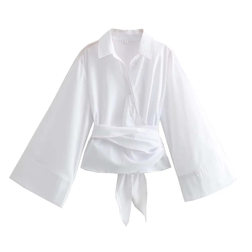 Chemise courte en popeline à boutonnage caché pour femmes, avec col polo et nœud papillon, chemisier décontracté et élégant pour le bureau et le usage quotidien