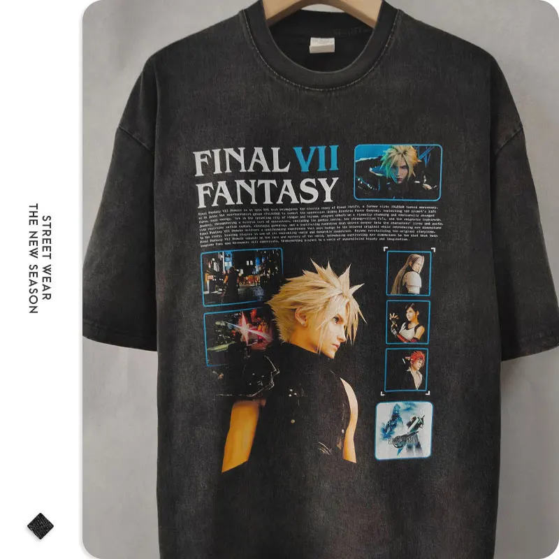 Cloud Strife T Shirt Hip Hop PC Game Final Fantasy Vii Vintage Washed Tops Tees Oversized Short Sleeve T-shirt  Man 100% Cotton