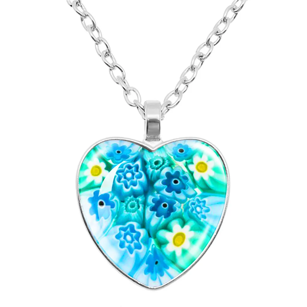 Murano Millefiori Heart Pendant Necklace MultiColour Flower Glass Cabochon Necklace Jewelry For Women Men Gift Wholesale