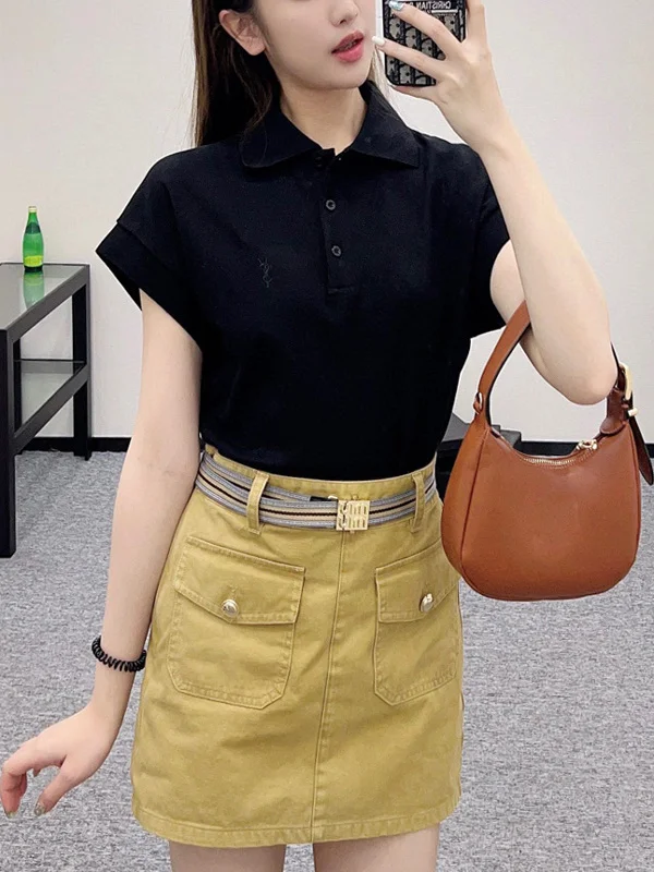 

High-End Women's Cotton T-irt Embroidered Letters ort Sve Button-Up Summer New Arrival Breathable Sweat-ng