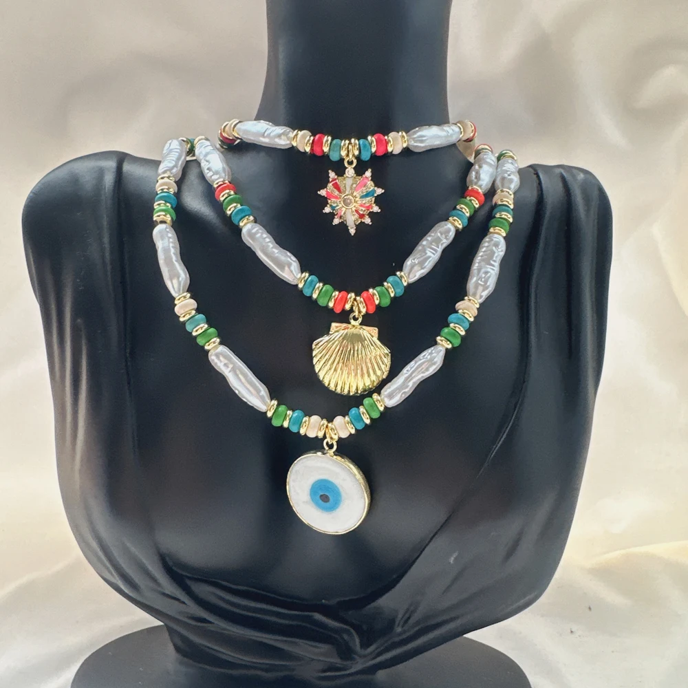 

5 pcs/lot Elegant Eye & Shell Heart Pendant Necklace Gold Plated Brass Plastic Pearl Natural Stone Jewelry of Boho Beach Gift