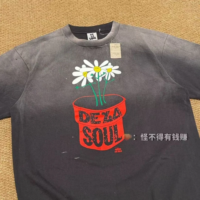 Authentic SAINT Plant-Print Washed Tee Black Hip-Hop Retro Casual Cotton Seamless T-Shirt