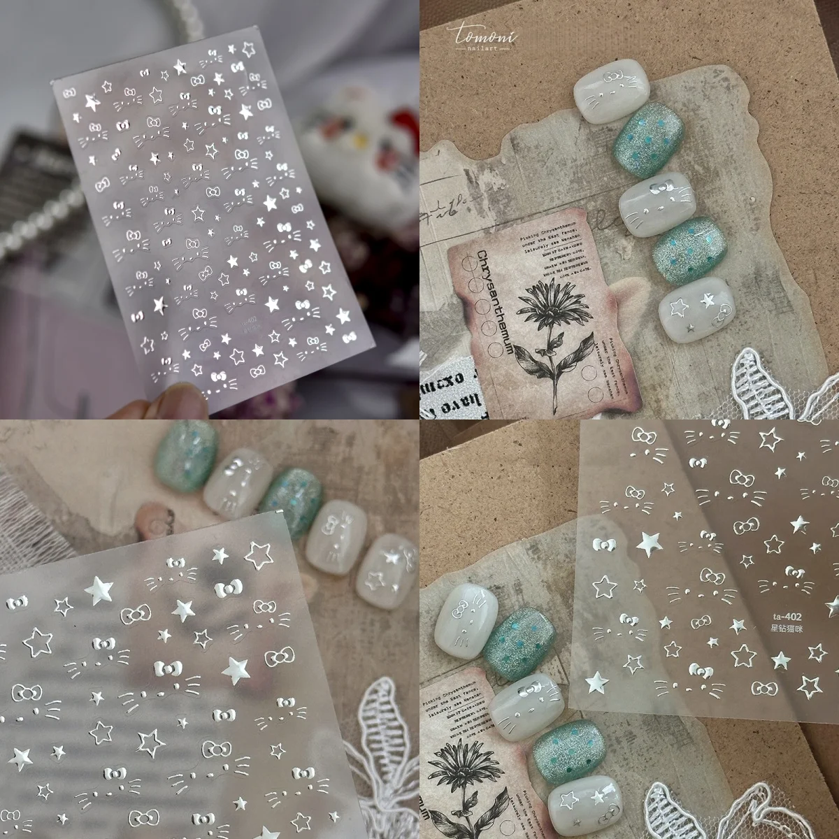 Złote naklejki na paznokcie, urocze naklejki na paznokcie, naklejki z gwiazdkami, diamentami i kotami, akcesoria do samodzielnego zdobienia paznokci, urocze elementy dekoracyjne, naklejki do zdobienia paznokci.