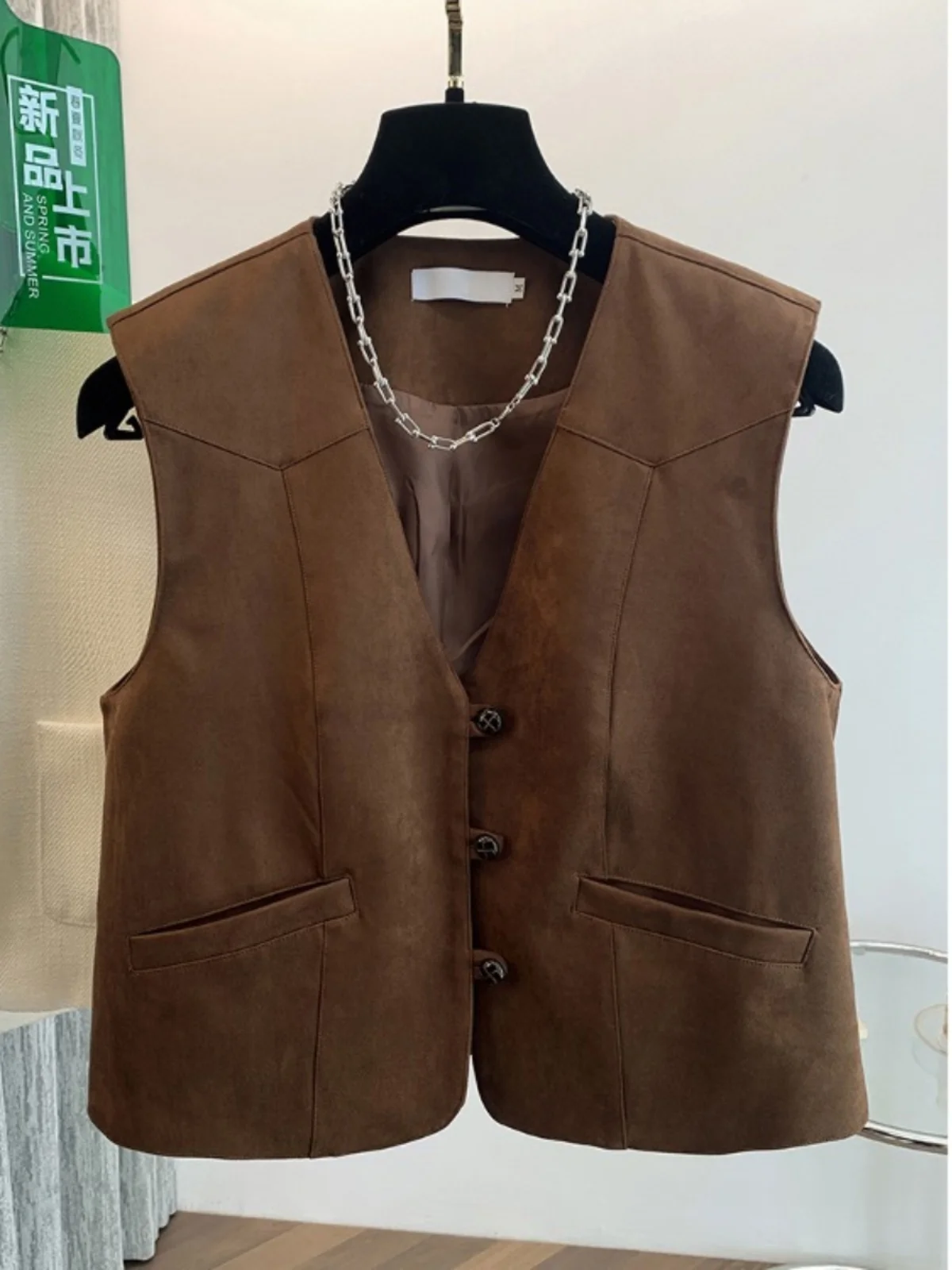 Faionable Suède Vest Diepbruin Retro Jaet Dames V-hals Veelzijdige Hong Kong Sle Top Trendy Lentekleding