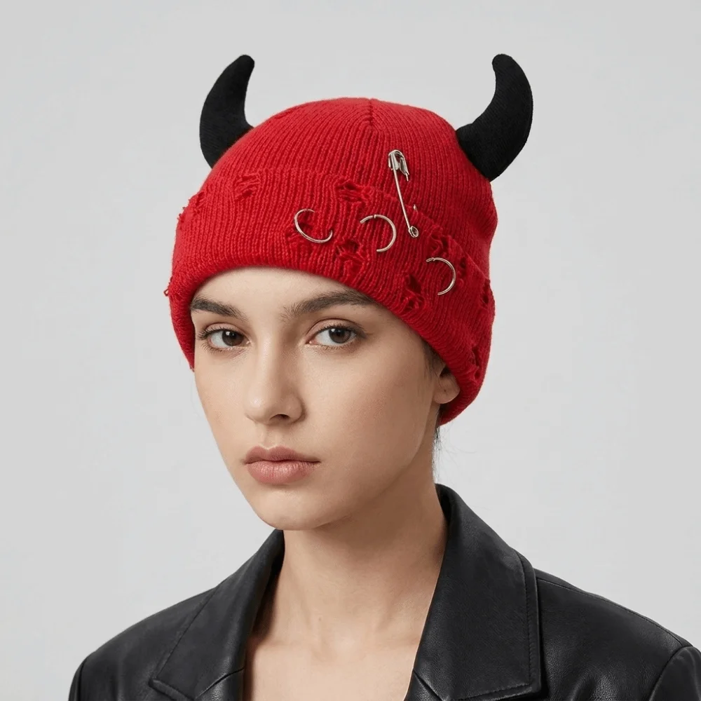 Fashion Yarn Devil Horns Hat Distressed Adjustable Winter Pullover Cap Solid Color Harajuku Knitted Beanie Female/Male