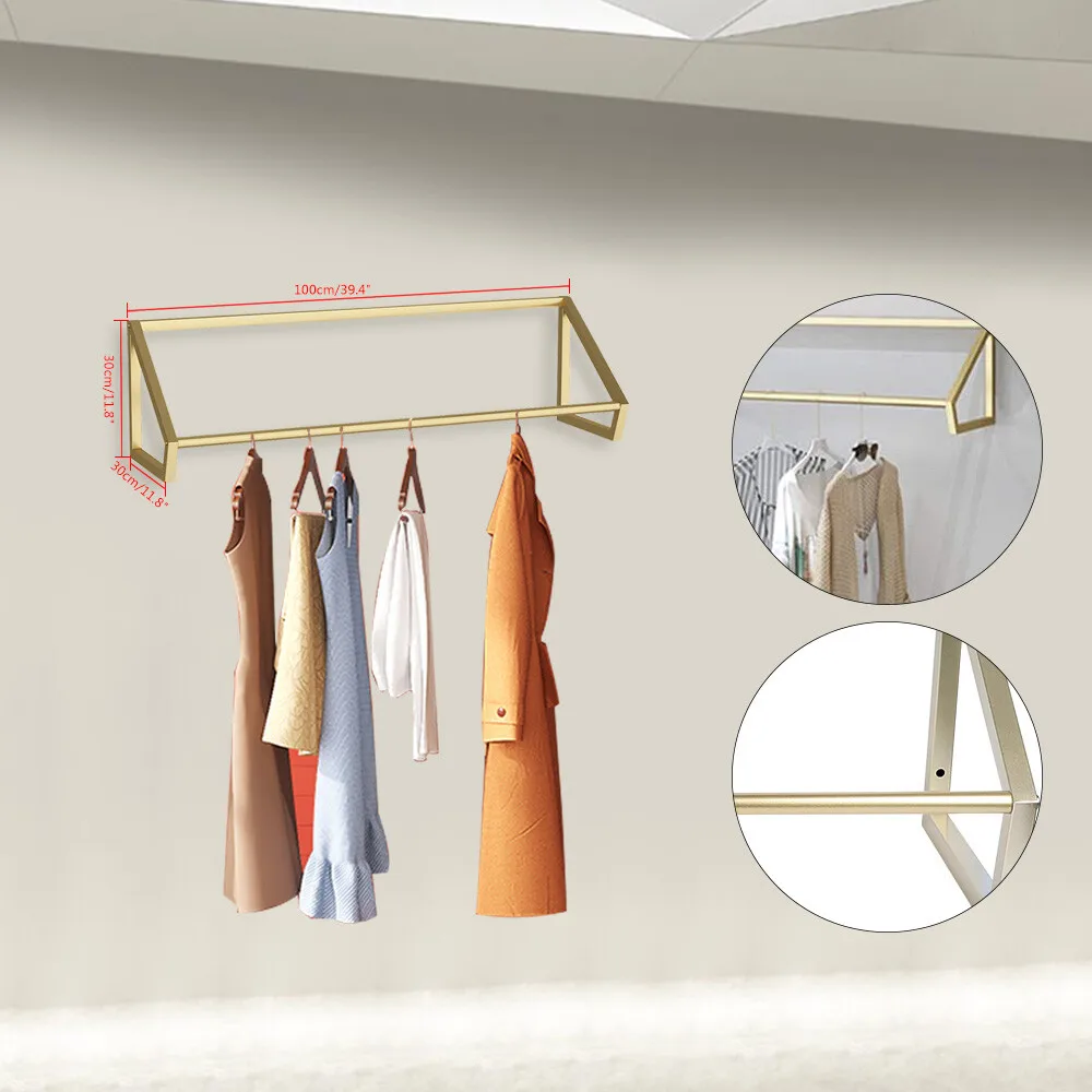 

Wall Mounted Clothes Rack Garment Storage Display Hanging Rail Holder Stand Gold