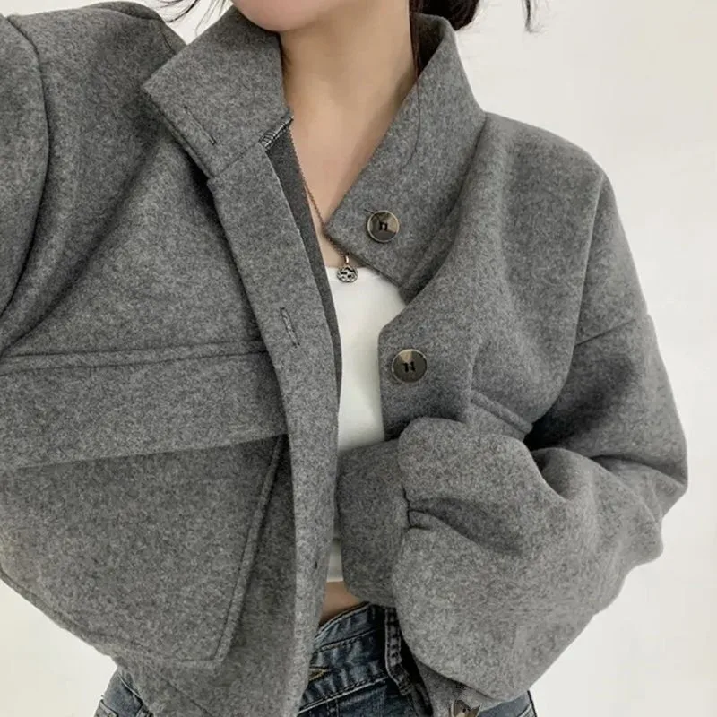 Cool Korean Style Autumn/Winter New Stand Collar Niche Cropped Idle Style Loose-Fit Casual Woolen Jacket for Women