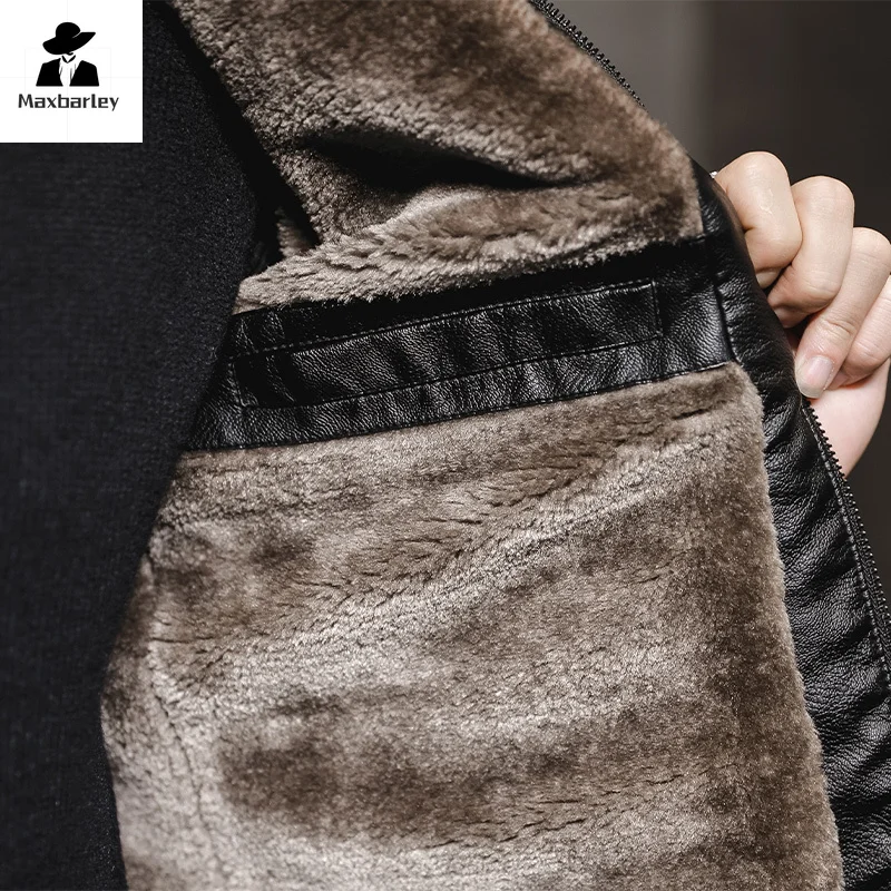 2024 Men's Leather Coat Winter Large Size Jacket with Fur Collar and Long Sleeve Wool Lining Casual Motorcycle PU Leather Coats
