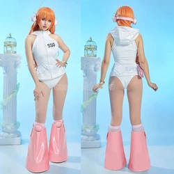 Anime Nami 106 Cosplay Costumes Women White Sexy Leather Sleeveless Hooded Bodysuit Socks Suit Halloween Carnival Party Clothes